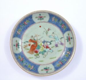 1900 S Chinese Celadon Famille Rose Porcelain Plate Boy Figure Marked