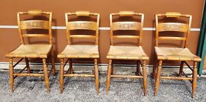 Set Of 4 Hand Painted Vintage Lambert Hitchcock Dining Room Rush Seat Chairs