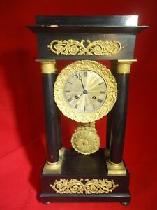 Antique French Portico Regulator Column Clock Ornate Dark Wood W Key Runs