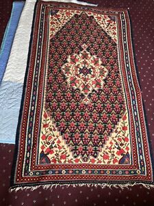 Vintage Hand Woven Persian Senneh Area Rug Kilim Floral Roses Wool On Cotton