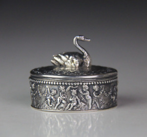 Continental Silver Trinket Ring Box W Figural Swan Cover Germany
