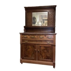 Antique East Lake Marble Top Dresser With Stunning Burl Wood And Mirror