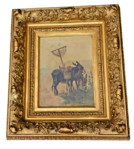 Antique Belgian Henry Schouten Oil Canvas Donkey Animal Painting Rare Signed