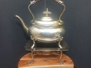 Vtg Silver Plate Footed Tea Pot Kettle W Warmer Burner Wood Handle