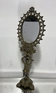Vtg Rare Brass Bronze Victorian French Design Table Vanity Mirror Picture Frame