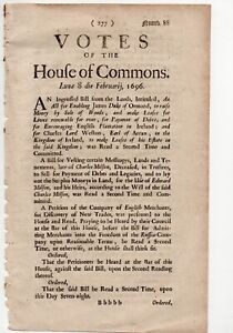 Original Antique Document Votes Of House Of Commons Notice Feb 1696 4 Pages