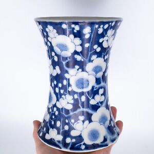 Fine Antique Japanese Fukagawa Seiji Blue And White Arita Porcelain Prunus Vase