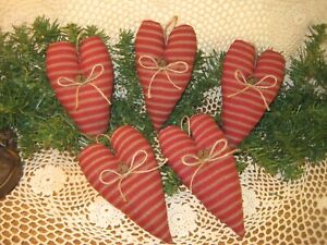 Primitive Red Decor 5 Hearts Bowl Fillers Handmade Wreath Accents Tree Ornaments