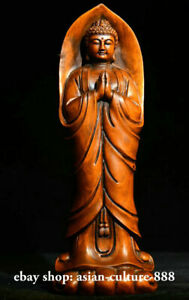 8 Tibetan Boxwood Wood Stand Sakyamuni Tathagata Buddha Buddhism Lotus Statue
