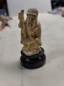 Netsuke Hand Carved Resin Wise Man On Wood Base