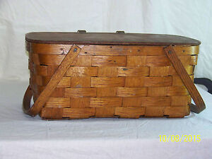 Antique C1930 1940 S Hand Woven Large Basket W Hinged Lid Handles