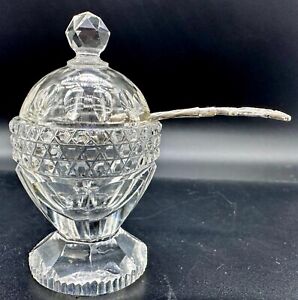 Antique Crystal Or Cut Glass Lidded Salt Or Condiment Dish Sterling Silver Spoon