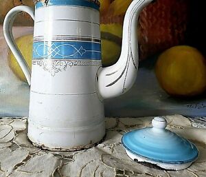 Antique Deco Kettle Coffee Pot Blue Aged Chalky White Farm Brocante Vase Europe