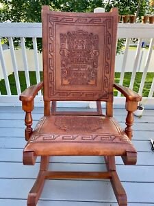 Vintage Artisan Rocking Chair With Hand Carved Leather Incan Design