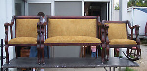 Mahogany Empire Lion Carved Parlor Set Settee Chair