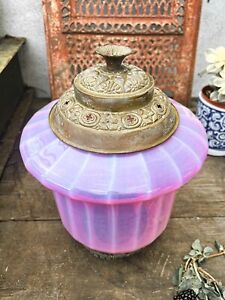 Antique Victorian Ribbed Pink Opalescent Glass And Brass Pendant Lamp Light