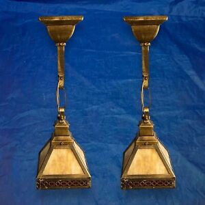 Pair Brass Mission Pendant Lights Fixtures Square Stained Glass Shades Rare 8k