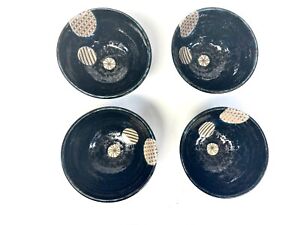 Set Of 4 Vintage Japanese Rice Noodle Bowls Porcelain Black Iridescent Glaze
