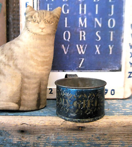 Early Antique Child S Toy Tin Cup Original Blue Paint Stencils My Girl 