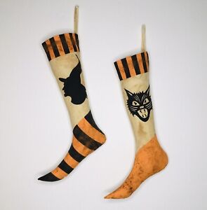 Primitive Country Folk Art Vintage Inspired Halloween Witch Black Cat Stockings
