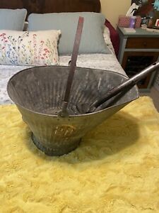 Vintage Galvanized Metal Coal Scuttle Ash Bucket With Shovel