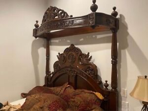 Victorian Mahogany Vintage Half Tester Queen Size Canopy Bed Frame Carved Birds