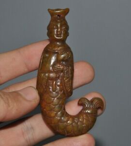 3 2 Old China Old Jade Carved Fengshui Little Mermaid Talisman Pendant Statue