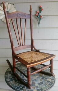 Antique 1800 S Illinois Pioneer Oak Caned Sewing Nursing Rocking Chair Very Rare