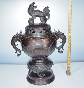 Large Antique Bronze Chinese Incense Burner Censor 21 Tall Signed