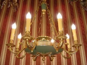 Fine Empire Chandelier Brass Green Varnish Lamp French Old 8 Light 27 