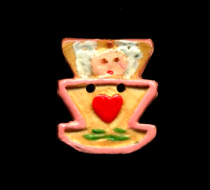 Baby In Pink Cradle Red Heart Painted Wood Vintage Button 1920 S Cutie 