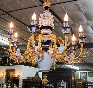 Large Dresden Style Porcelain And Bronze 8 Light Chandelier W Cherubs And Doves