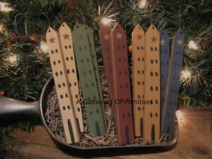 10 Primitive Handmade Pencil Saltbox House Village Wood Star Ornie Ornament Tuck