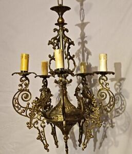 French Vintage Traditional Bronze 5 Light Chandelier Acanthus Leaf Detail 4565