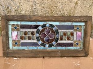 Rare Antique Leaded Stained Glass Window Pane Panel Transom Wood Frame 29x14 