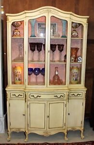 Painted Antique White American Louis Xv Style Glass Door China Cabinet Buffet