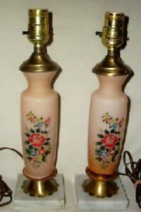 Bristol Glass Boudoir Lamps Pink Opaline Floral Marble Base 1920s Antique Pair