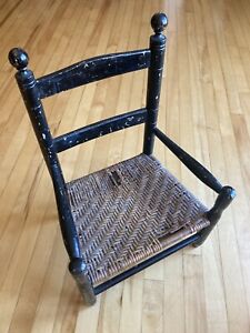 Antique Primitive Wooden Children S Chair Original Splint Seat In Black Paint