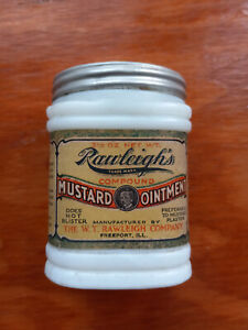Antique Rawleighs White Milkglass Medicine Jar Paper Label Mustard Ointment 3 5 