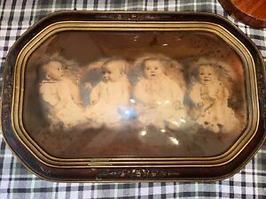 Antique American Hard Wood Convex Bubble Art Glass Picture Frame Baby Photo