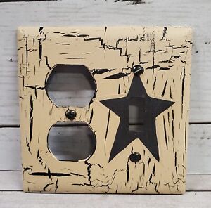 Primitive Crackle Tan Black Star Single Switch Outlet Plate Country Decor