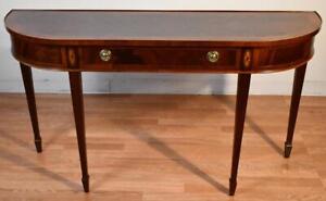 1950 English Regency Style Hekman Crotch Mahogany Banded Satinwood Console Table