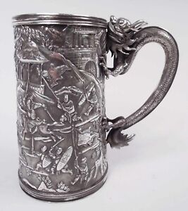 Antique Mug Large Export Battle Scene Dragon Asian Handle Chinese Silver