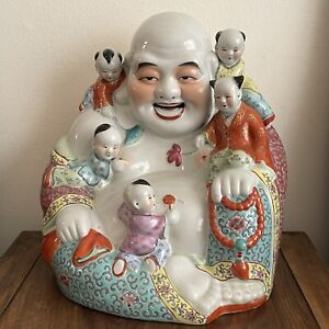 11 Inches Tall Large Chinese Famille Rose Porcelain Laughing Buddha With 5 Boys
