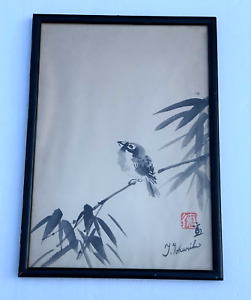 Tomikichiro Tokuriki Japanese Asian Painting Antique Original Bird Bamboo Plant