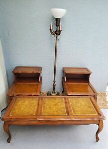 Vintage Coffee Table 2 End Tables Leather Top Chippendale Henredon Style 8424