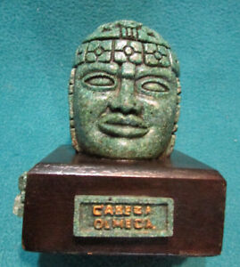 Ancient Olmec Head Aztec Mayan Figurine Green Crushed Stone Mexico Wooden Stand