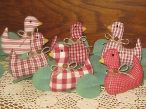 Country Red Decor 6 Baby Ducks Chicks Bowl Fillers Fabric Handmade Rusty Bells