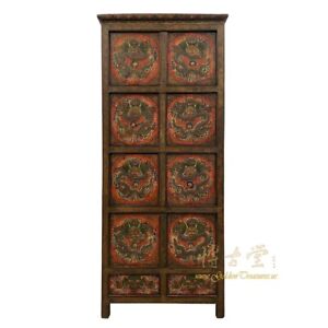 Antique Tibetan Painted Dragon Tall Cabinet