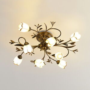 Vintage Style Wrought Iron Chandelier Semi Flush Mount Light With Flower Shade